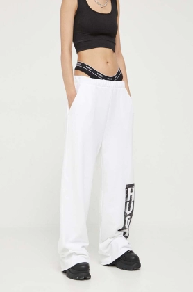 HUGO pantaloni de bumbac culoarea alb, cu imprimeu