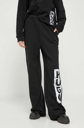 HUGO pantaloni de bumbac culoarea negru, cu imprimeu