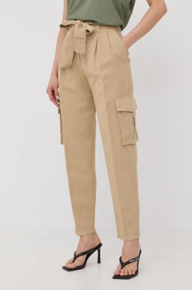 HUGO pantaloni din amestec de in femei, culoarea bej, fason cargo, high waist