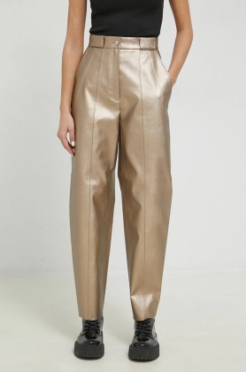 HUGO pantaloni femei, culoarea auriu, drept, high waist