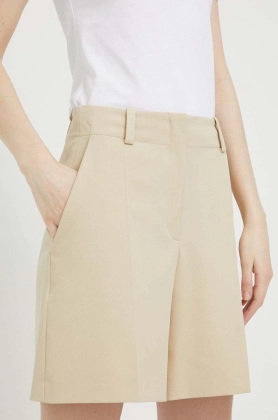 HUGO pantaloni scurti femei, culoarea bej, neted, high waist