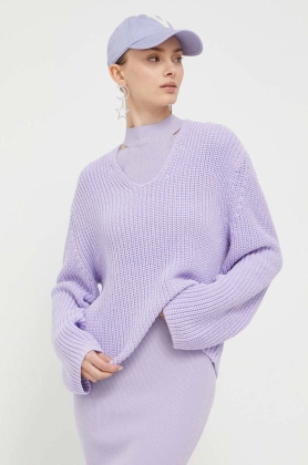 HUGO pulover de bumbac culoarea violet, calduros