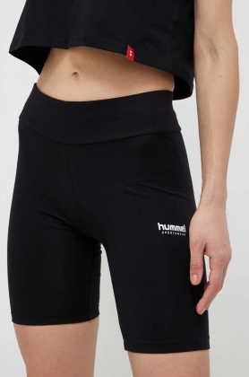 Hummel pantaloni scurti femei, culoarea negru, cu imprimeu, high waist