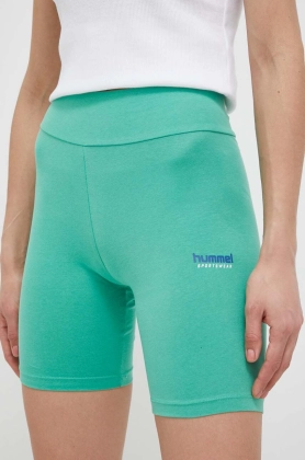 Hummel pantaloni scurti femei, culoarea verde, cu imprimeu, high waist