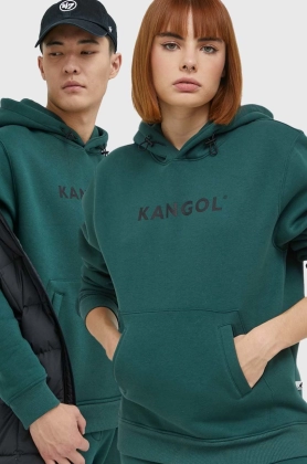 Kangol bluza unisex, culoarea verde, cu gluga, cu imprimeu