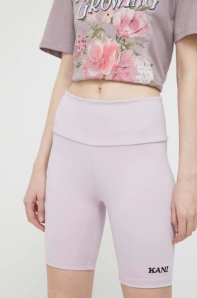 Karl Kani pantaloni scurti femei, culoarea roz, cu imprimeu, medium waist