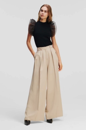 Karl Lagerfeld pantaloni femei, culoarea bej, lat, high waist