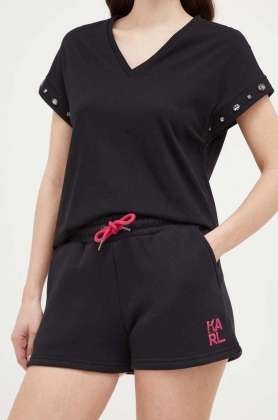 Karl Lagerfeld pantaloni scurti femei, culoarea negru, neted, high waist