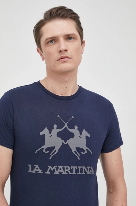 La Martina tricou din bumbac culoarea albastru marin, cu imprimeu