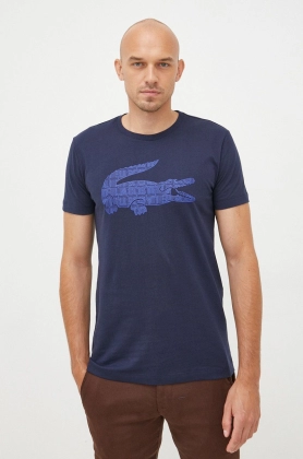 Lacoste tricou din bumbac culoarea albastru marin, cu imprimeu