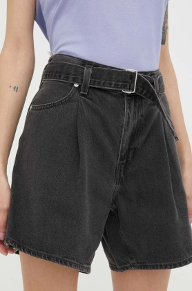 Levi\'s pantaloni scurti jeans femei, culoarea negru, neted, high waist
