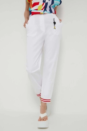 Love Moschino pantaloni femei, culoarea alb, drept, high waist