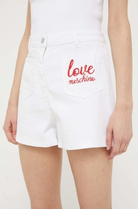 Love Moschino pantaloni scurti jeans femei, culoarea alb, cu imprimeu, high waist