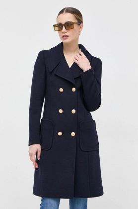 Luisa Spagnoli palton de lana culoarea albastru marin, de tranzitie, cu doua randuri de nasturi