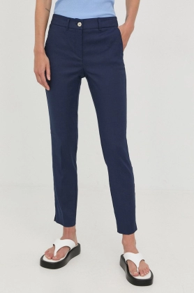 Marella pantaloni din in femei, culoarea albastru marin, fason tigareta, medium waist