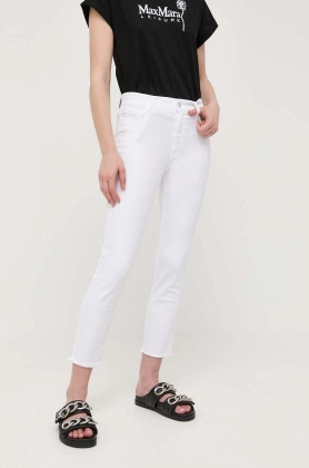 Marella pantaloni femei, culoarea alb, mulata, medium waist