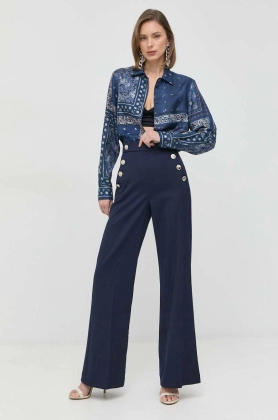 Marella pantaloni femei, culoarea albastru marin, lat, high waist