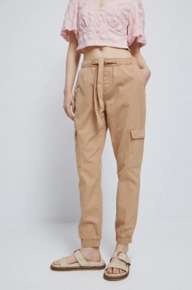 Medicine pantaloni de bumbac femei, culoarea bej, medium waist