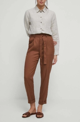 Medicine pantaloni femei, culoarea maro, drept, medium waist