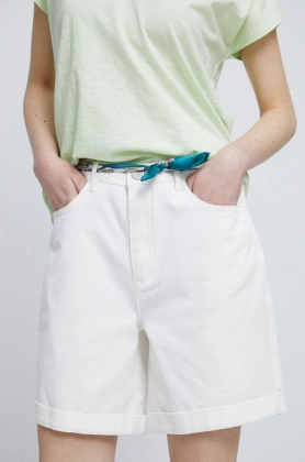 Medicine pantaloni scurti jeans femei, culoarea alb, neted, medium waist