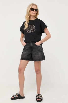 Miss Sixty pantaloni scurti jeans femei, culoarea negru, neted, high waist