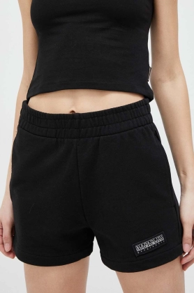 Napapijri pantaloni scurti din bumbac culoarea negru, cu imprimeu, high waist