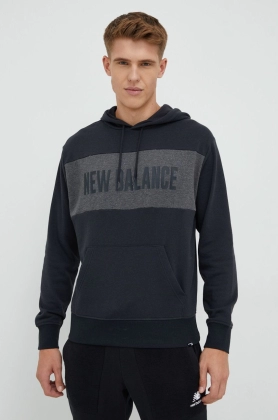 New Balance bluza barbati, culoarea gri, cu gluga, cu imprimeu