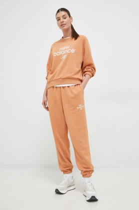 New Balance pantaloni de trening culoarea portocaliu, cu imprimeu