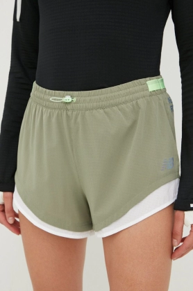 New Balance pantaloni scurti de alergare Q Speed Fuel femei, culoarea verde, cu imprimeu, medium waist