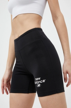 New Balance pantaloni scurti femei, culoarea negru, cu imprimeu, high waist