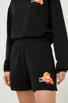 New Balance pantaloni scurti femei, culoarea negru, cu imprimeu, high waist