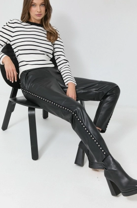 Nissa pantaloni femei, culoarea negru, drept, high waist