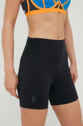 On-running pantaloni scurti de alergare femei, culoarea negru, neted, high waist