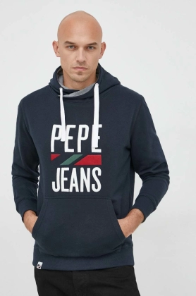 Pepe Jeans bluza Perrin barbati, culoarea albastru marin, cu gluga, cu imprimeu