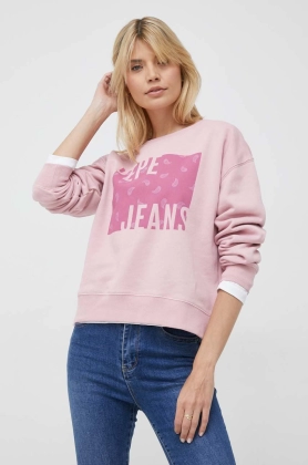 Pepe Jeans hanorac de bumbac Lena femei, culoarea roz, cu imprimeu