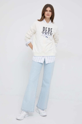 Pepe Jeans hanorac de bumbac Mia Crew femei, culoarea bej, cu imprimeu