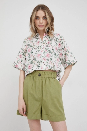 Pepe Jeans pantaloni scurti din amestec de in Muriel femei, culoarea verde, neted, high waist