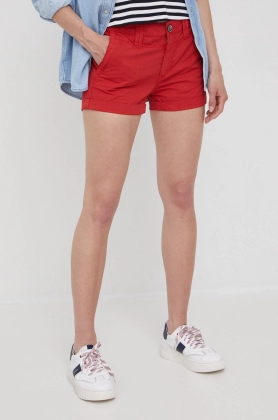 Pepe Jeans pantaloni scurti din bumbac Balboa Short femei, culoarea rosu, neted, medium waist