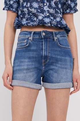 Pepe Jeans Pantaloni scurti jeans femei, material neted, high waist