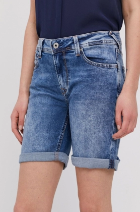 Pepe Jeans Pantaloni scurti jeans femei, material neted, medium waist
