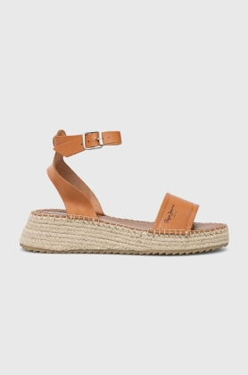 Pepe Jeans sandale de piele KATE femei, culoarea maro, cu platforma, PLS90591