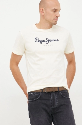 Pepe Jeans tricou din bumbac culoarea bej, cu imprimeu