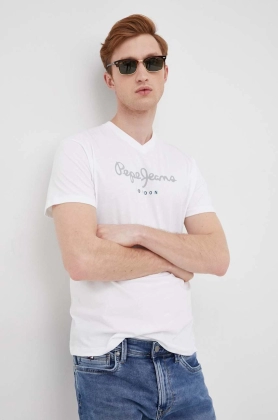 Pepe Jeans tricou din bumbac Eggo V N culoarea alb, cu imprimeu