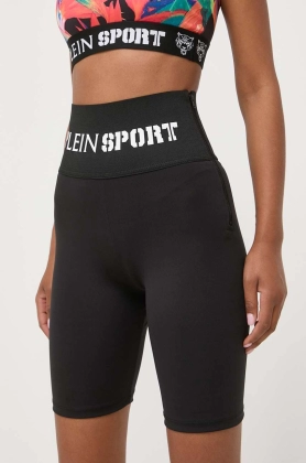 PLEIN SPORT pantaloni scurti femei, culoarea negru, cu imprimeu, high waist