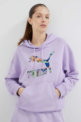 Puma bluza femei, culoarea violet, cu gluga, cu imprimeu
