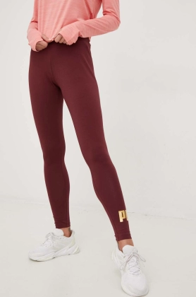 Puma colanti Essentials+ Metallic femei, culoarea bordo, cu imprimeu