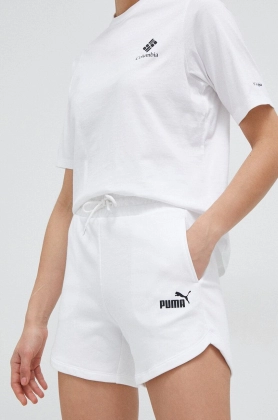 Puma pantaloni scurti Essentials femei, culoarea alb, neted, high waist