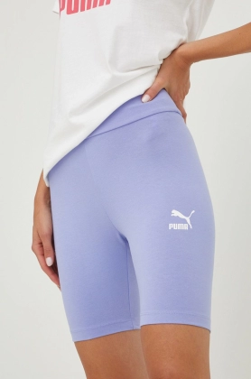 Puma pantaloni scurti femei, culoarea violet, cu imprimeu, high waist