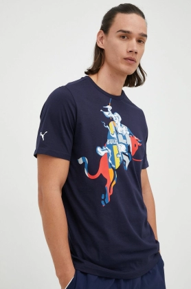 Puma tricou din bumbac culoarea albastru marin, cu imprimeu