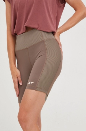 Reebok pantaloni scurti de yoga femei, culoarea maro, modelator, high waist